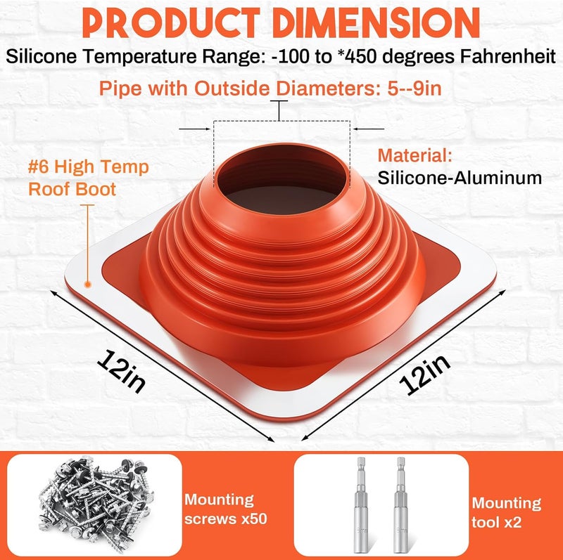 Yaocom 2 Pcs #6 Od 4-3/4'' - 10'' Silicone High Temp Metal Roof Pipe Flashing Boot Kit Chimney Roof Jacks Vent Boot for Houses Fits Pipe - Image 2